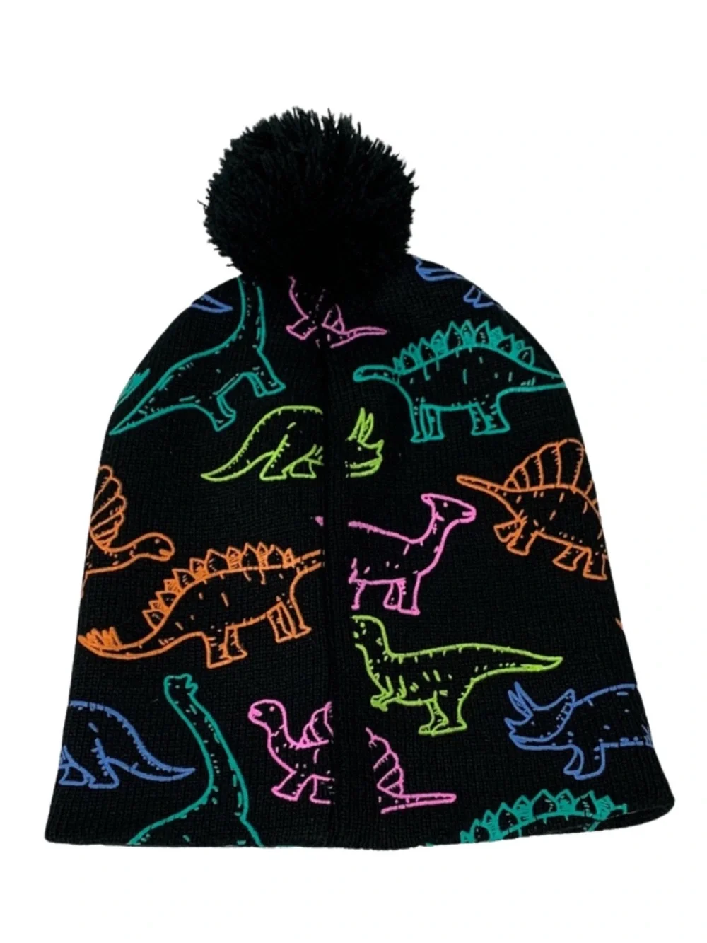 Dinosaur Adventure Kids Beanie Black Multicolor Print One Size Neon Colorful